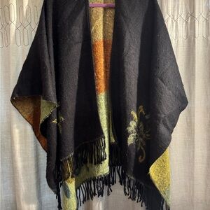 Black and Multicolor Fringed Shawl/Cape